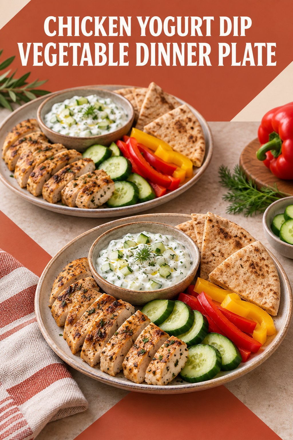 Two servings of chicken yogurt dip vegetable dinner plate made with chicken, Greek yogurt, and vegetables.
