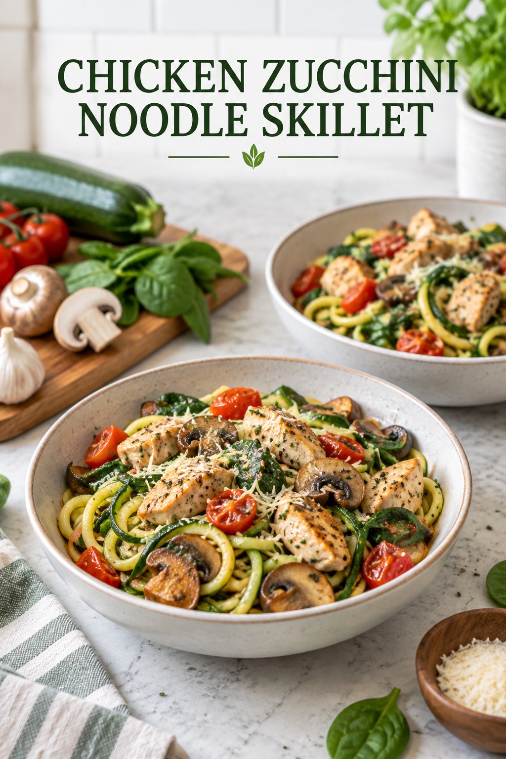 Two servings of chicken zucchini noodle skillet made with chicken, zucchini noodles, and vegetables.