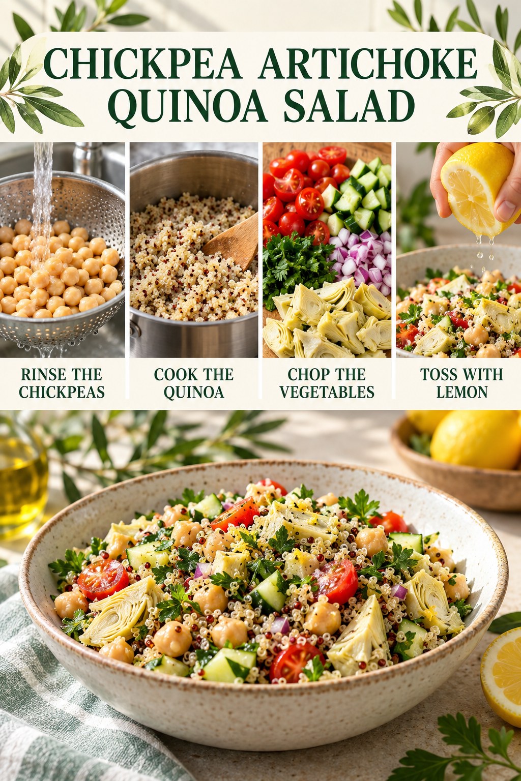Chickpea artichoke quinoa salad infographic showing rinsed chickpeas, cooked quinoa, chopped vegetables, and lemon dressing.