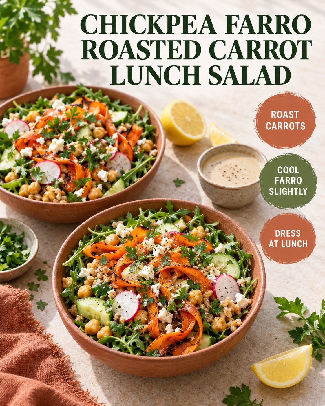 Chickpea farro roasted carrot lunch salad with arugula, cucumber, radish, feta, parsley, lemon, and separate dressing.
