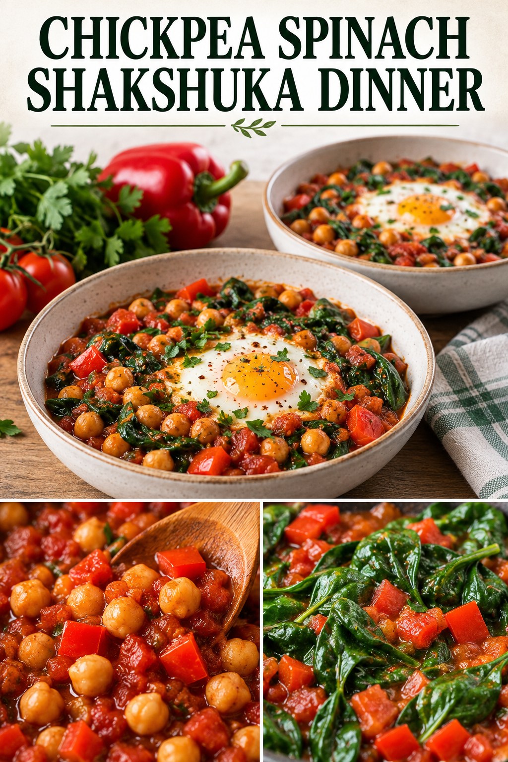 Two servings of chickpea spinach shakshuka dinner made with eggs, chickpeas, and vegetables.