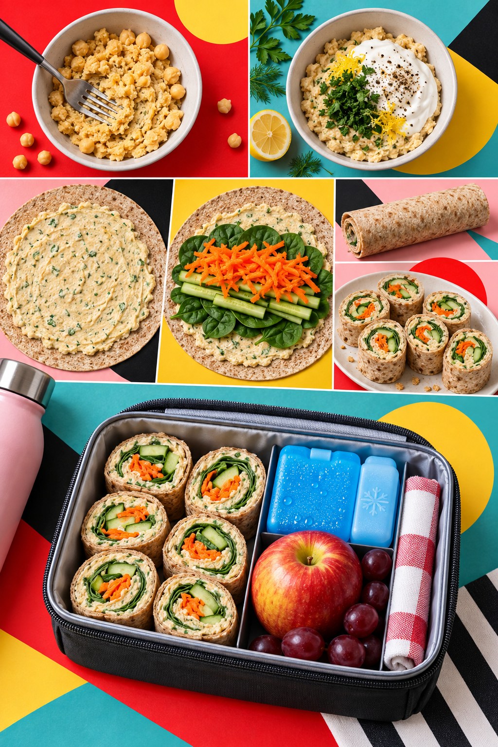 Vertical Bauhaus-style infographic showing chickpea-yogurt wrap pinwheels assembled with vegetables and packed beside two cold sources.