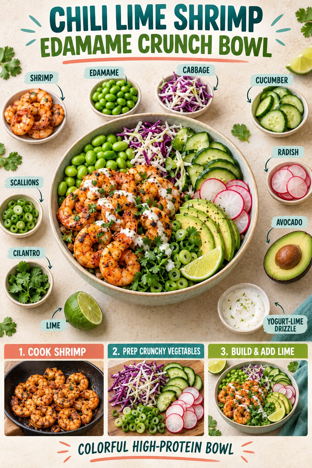 Chili-lime shrimp bowl with edamame, cabbage, cucumber, radish, avocado, scallions, cilantro, and yogurt drizzle.
