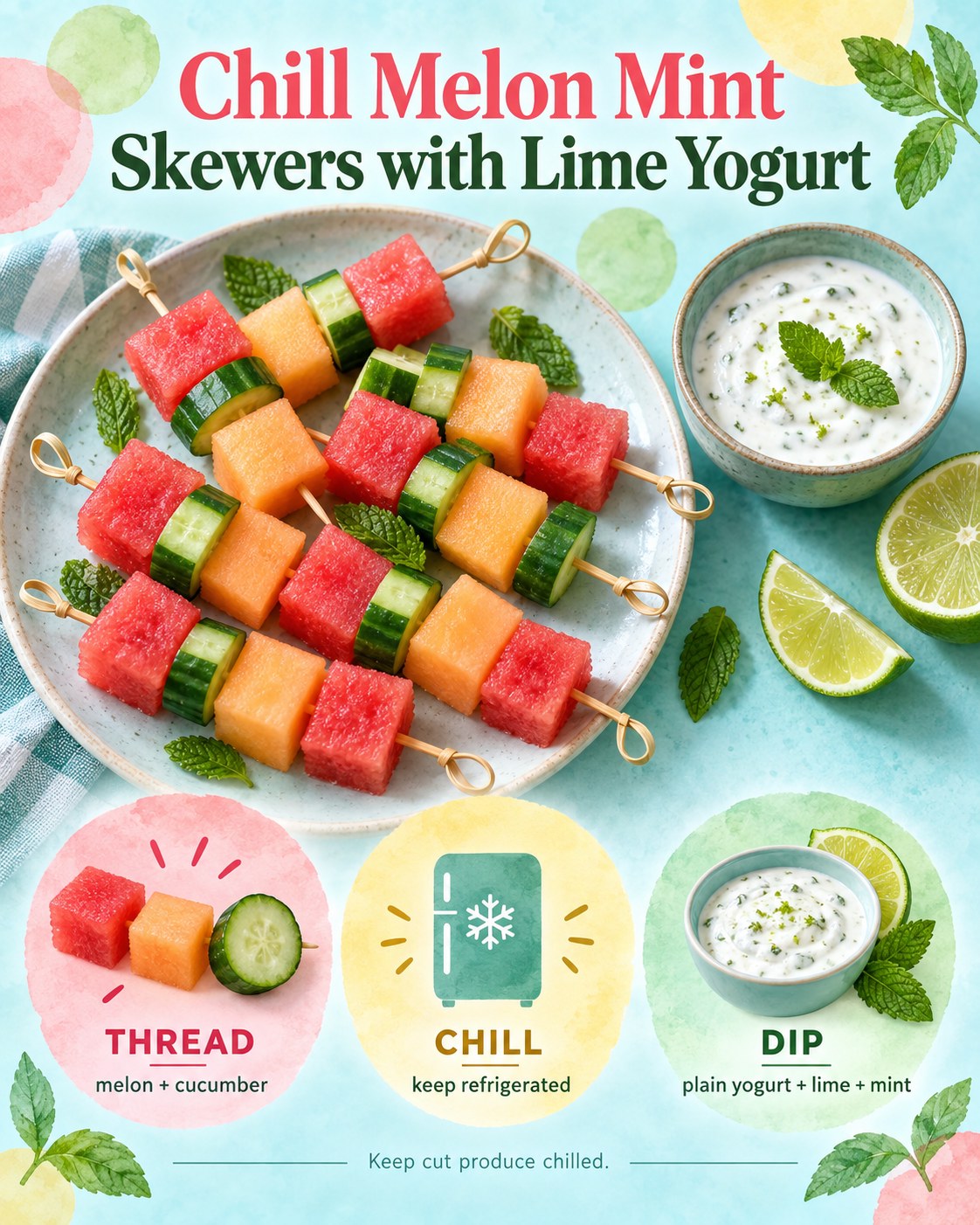 Aqua and coral infographic showing melon-cucumber skewers, refrigeration, and lime-mint yogurt dip.