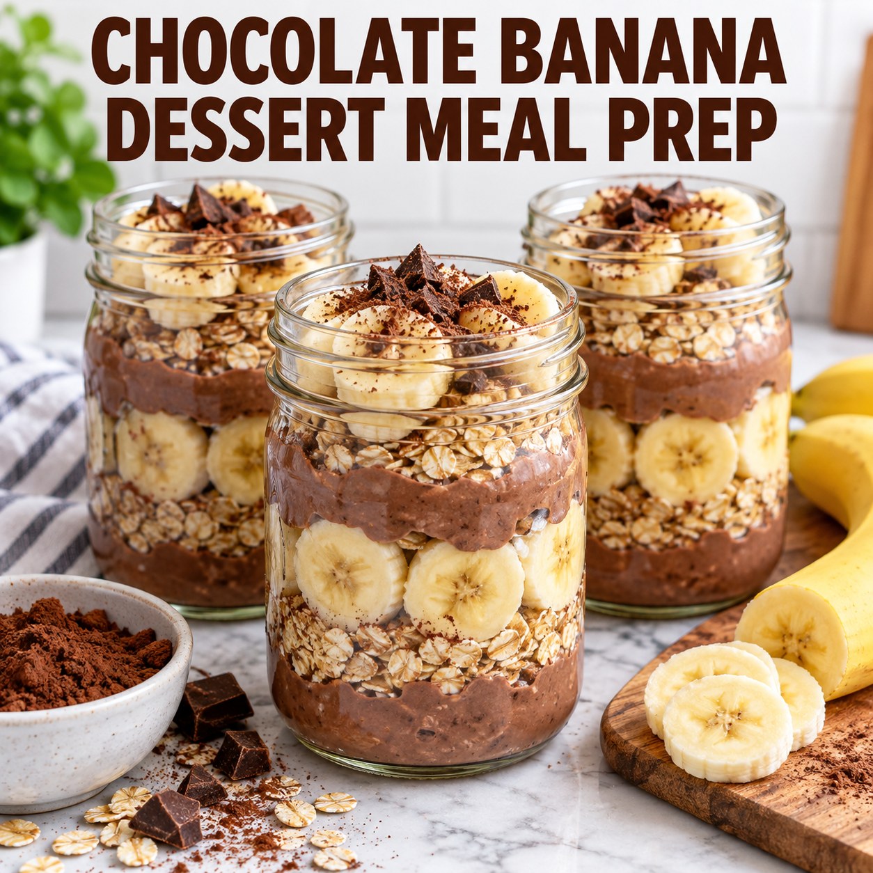 Three containers of chocolate banana yogurt dessert prep jars with Greek yogurt, oats, banana, and cocoa.