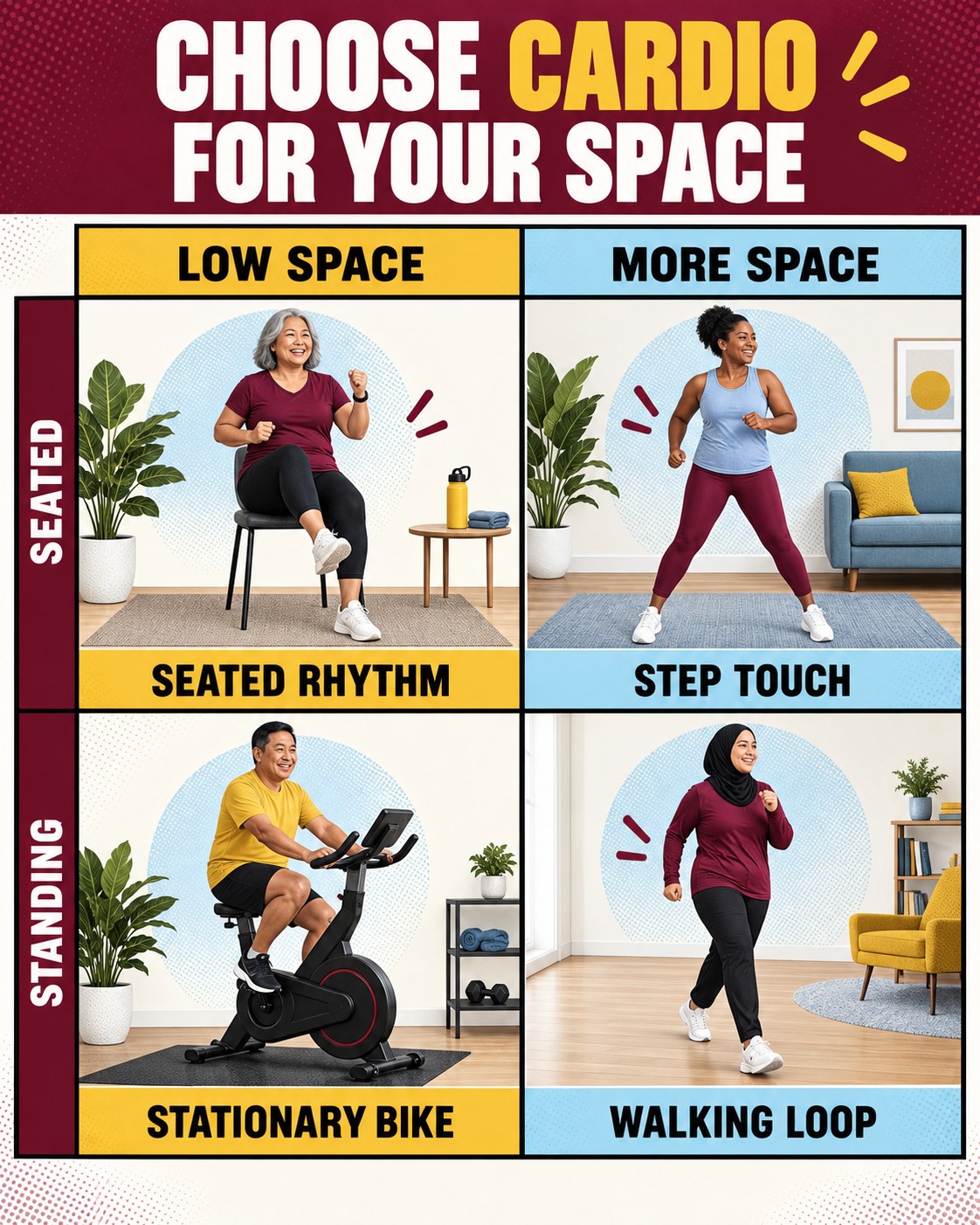 Burgundy, mustard, and blue grid infographic comparing four cardio options for different spaces.