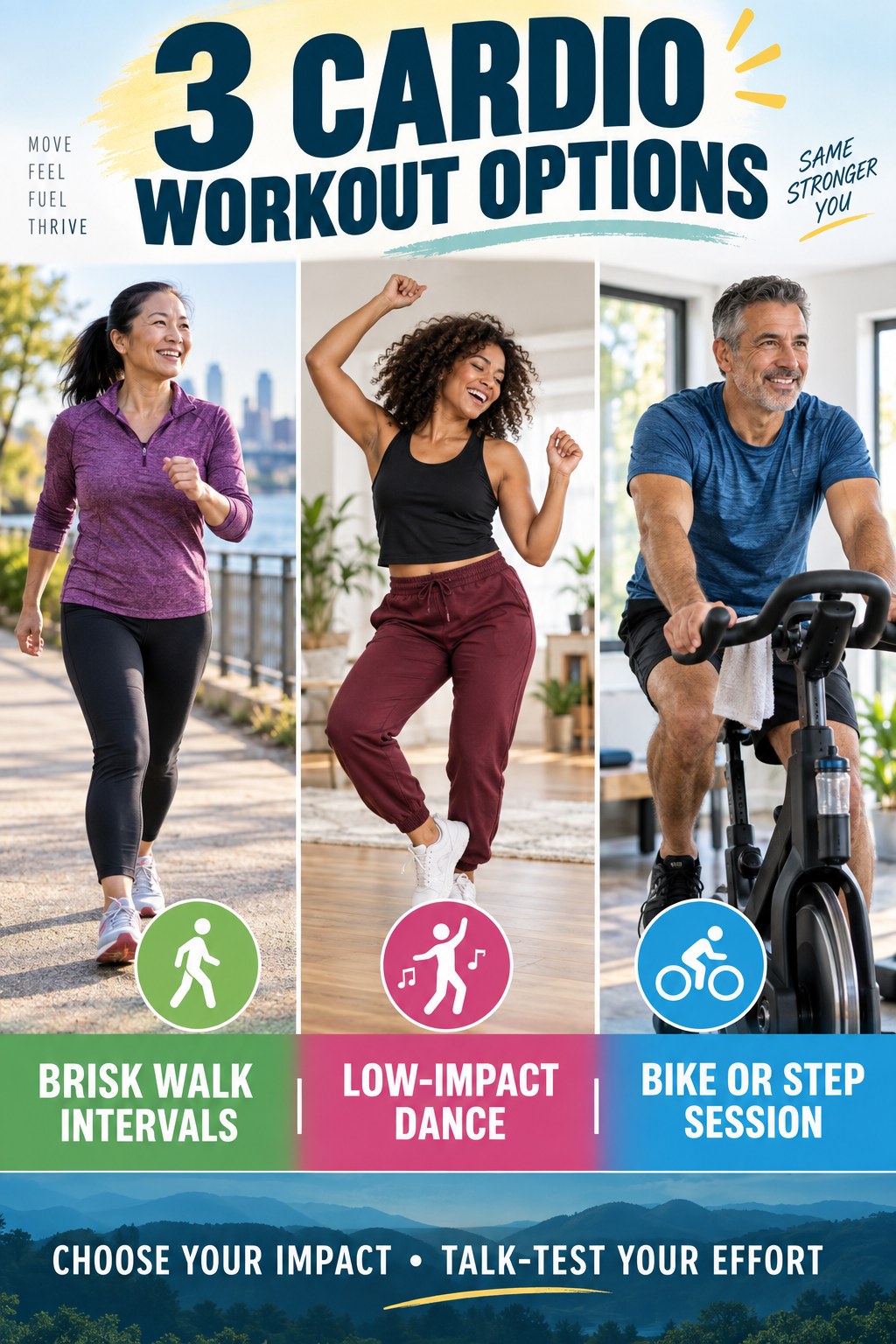 Portrait exercise infographic showing brisk walking intervals, low-impact dance, and bike or step work.
