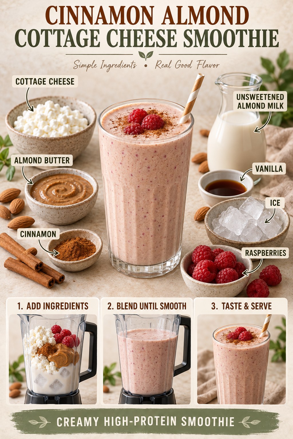 Creamy cottage cheese smoothie with almond milk, almond butter, cinnamon, vanilla, ice, and raspberries.