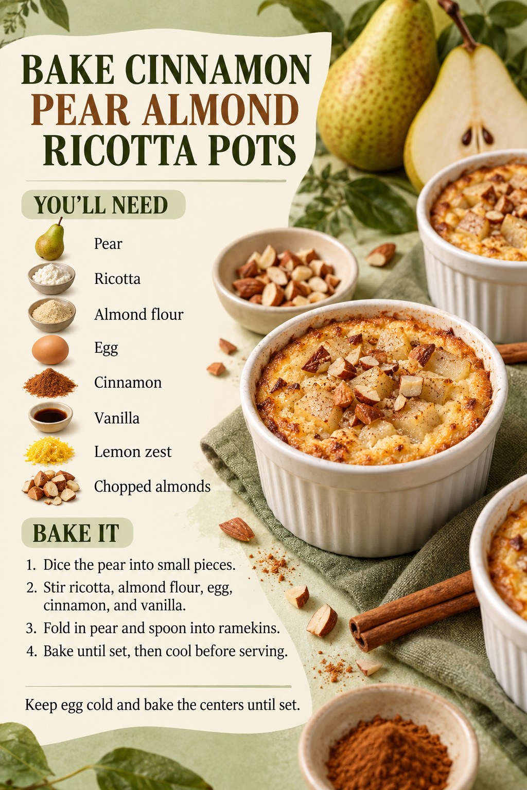 Baked cinnamon pear ricotta pots topped with chopped almonds beside fresh pears.