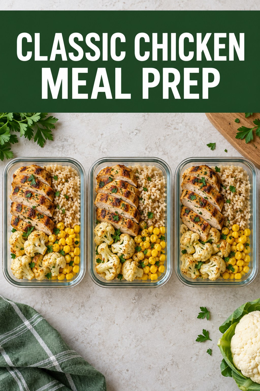 Three containers of classic chicken brown rice prep boxes with chicken, brown rice, cauliflower, and corn.