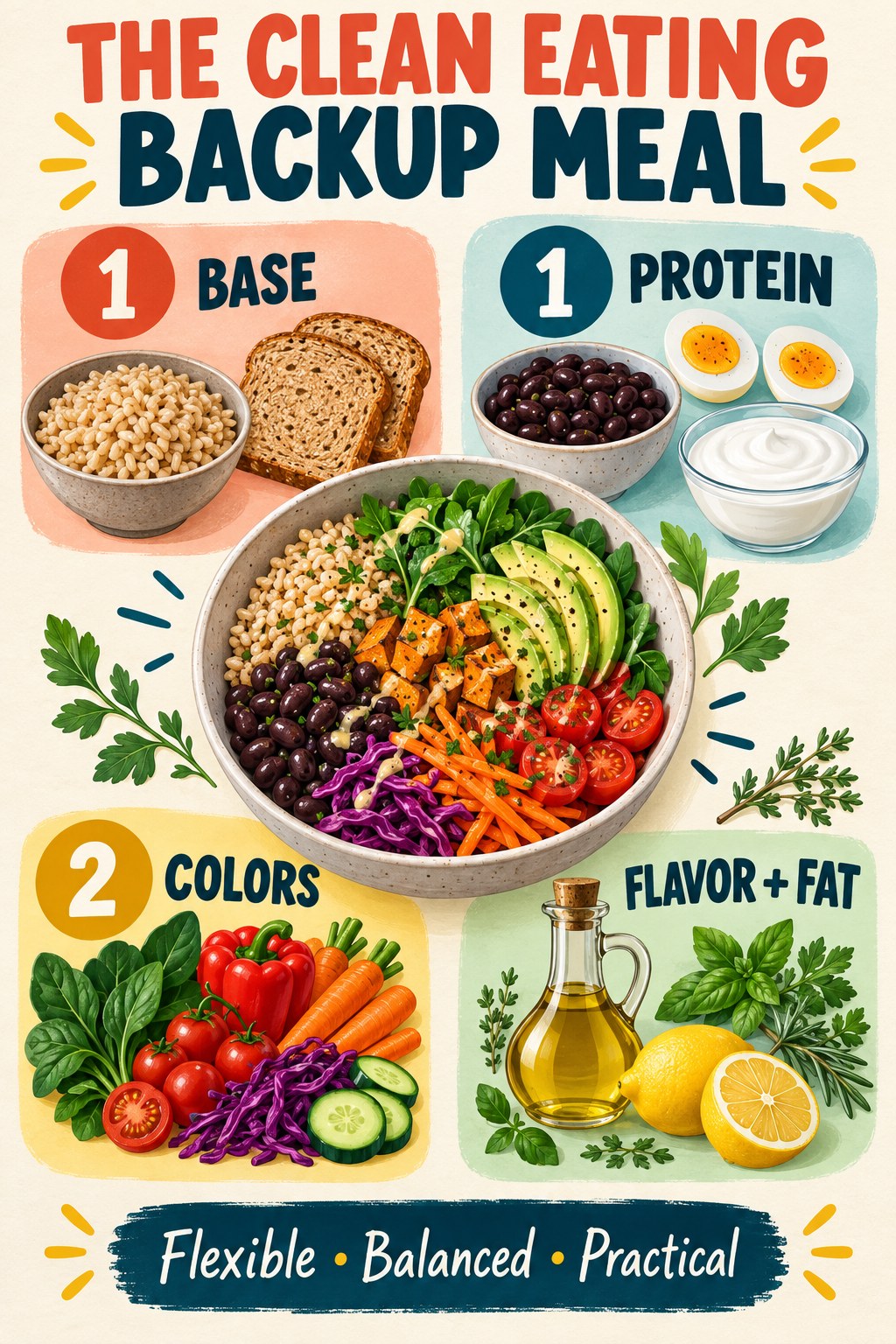 Coral, teal, and cream clean eating guide showing a base, protein food, two produce colors, and flavor plus fat.