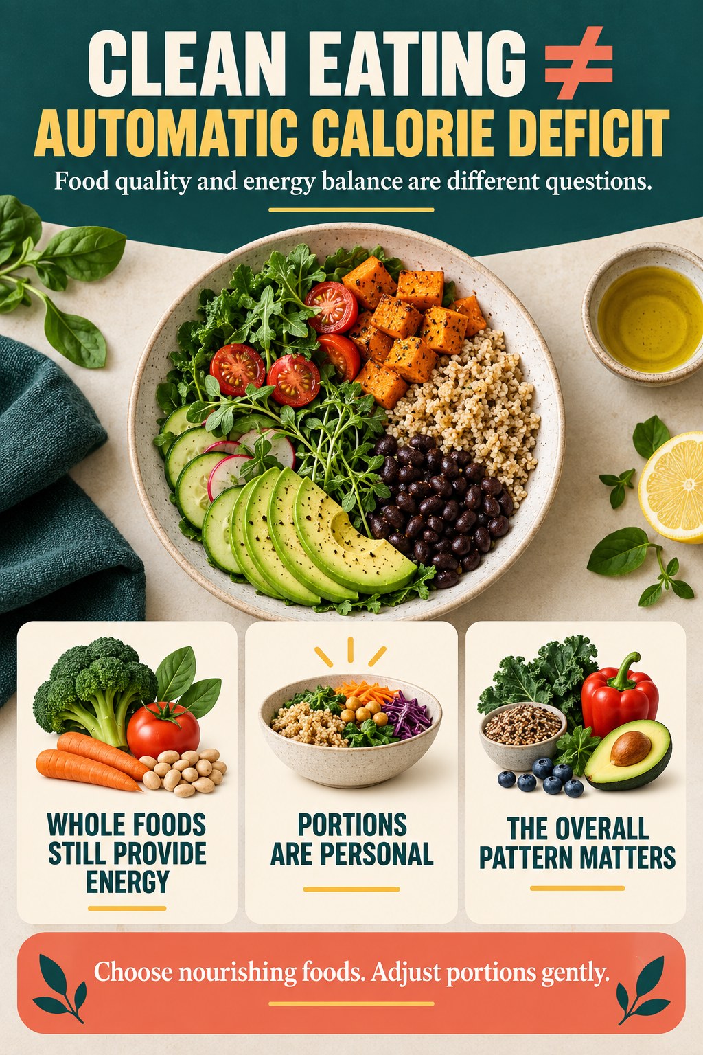Teal and coral infographic explaining that clean eating does not automatically create a calorie deficit, with a balanced whole-food plate and three portion reminders.
