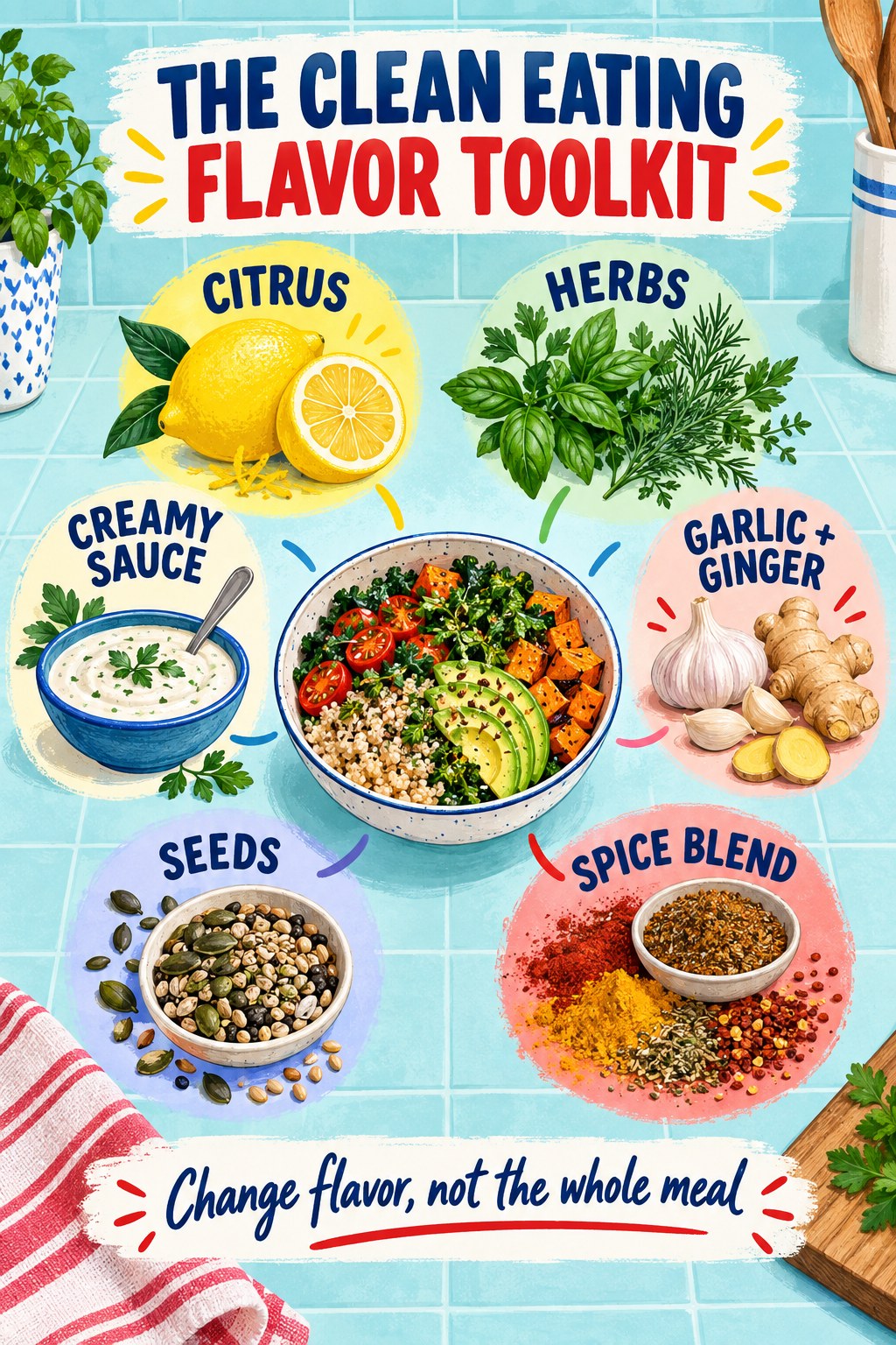 Aqua and red infographic showing citrus, herbs, garlic, ginger, creamy sauce, seeds, and spices around a grain bowl.