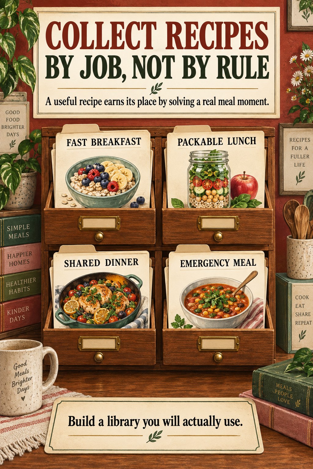 Brick red and sage recipe-card catalog infographic organized into fast breakfast, packable lunch, shared dinner, and emergency meal.