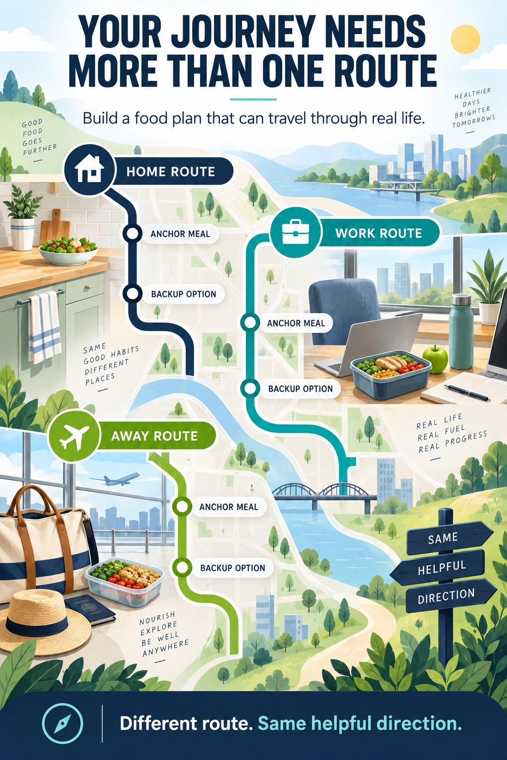 Navy, aqua, and lime transit-map infographic with home, work, and away meal routes, each showing an anchor meal and backup option.