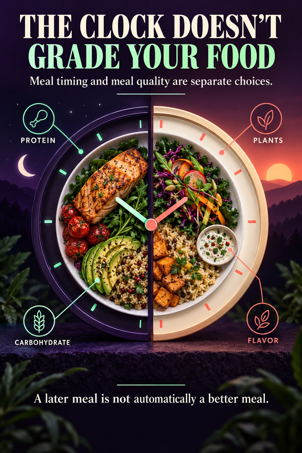 Midnight purple, mint, and coral clock infographic showing protein, plants, carbohydrate, and flavor around two balanced meals.