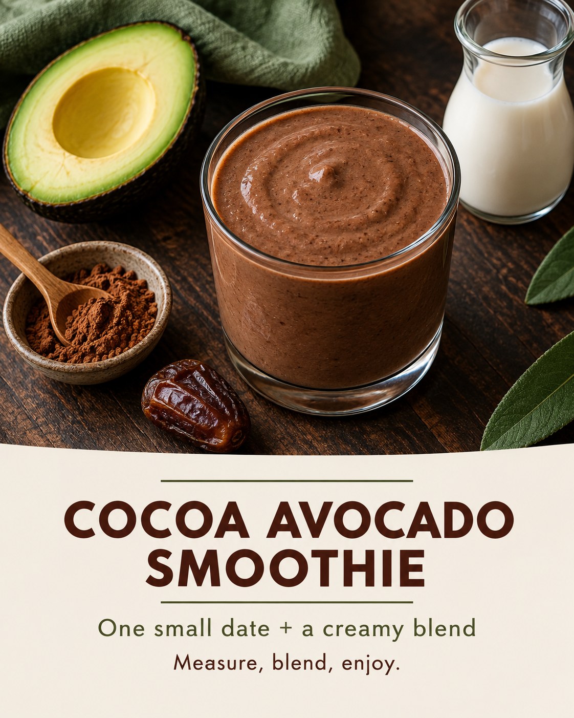 Chocolate-brown smoothie in a short glass beside avocado, cocoa powder, and a pitted date with a dessert smoothie headline.
