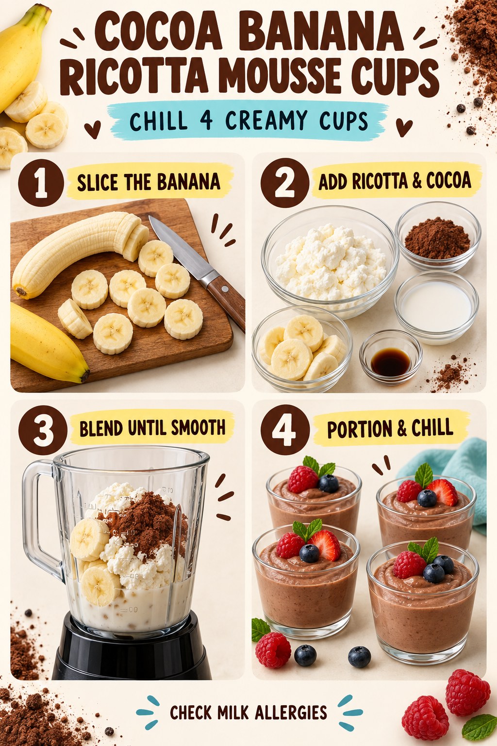 Chocolate banana ricotta mousse in small cups topped with berries or seeds.