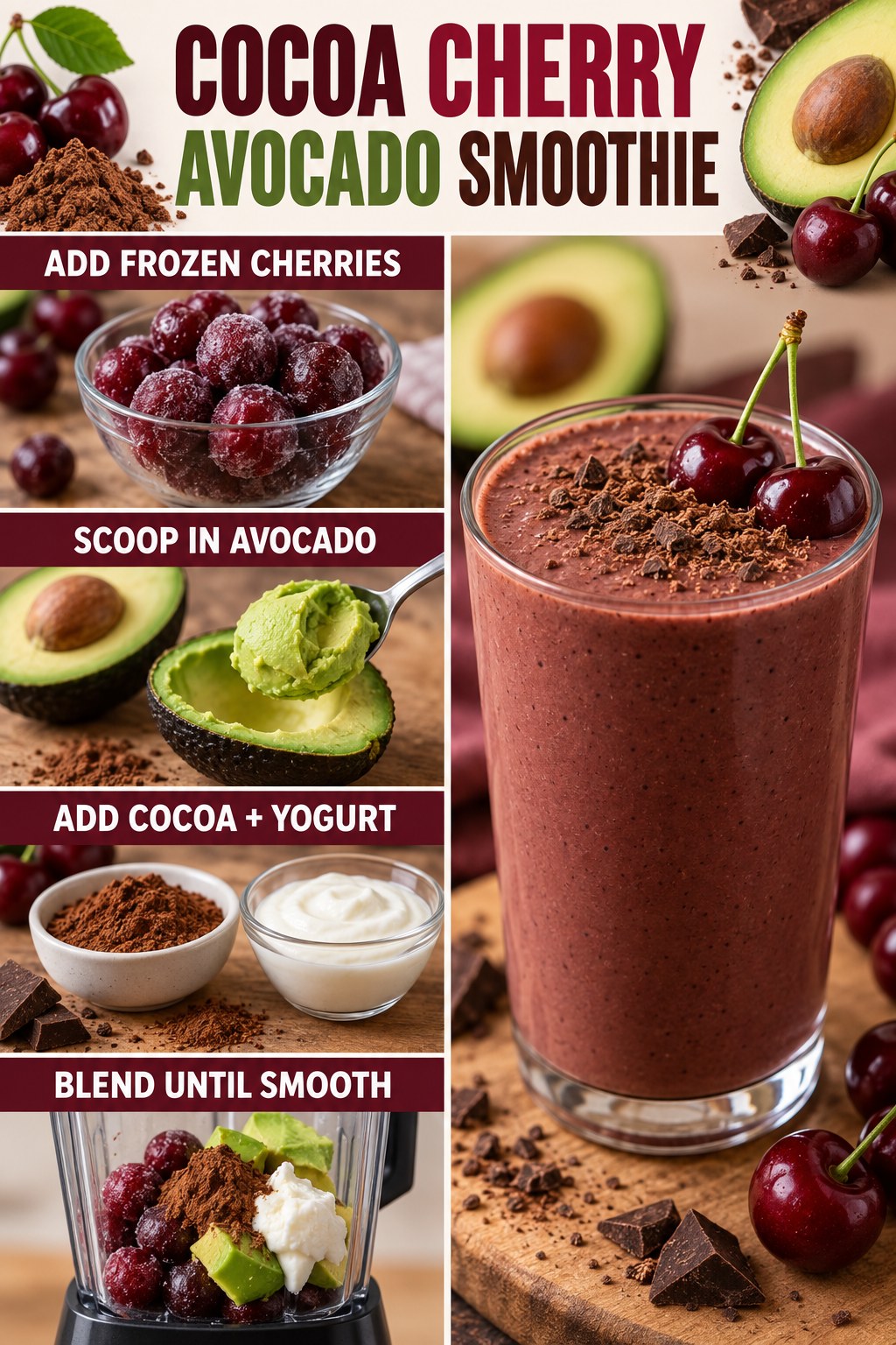 Cocoa cherry avocado smoothie infographic showing frozen cherries, avocado, cocoa, yogurt, blending, and the finished drink.