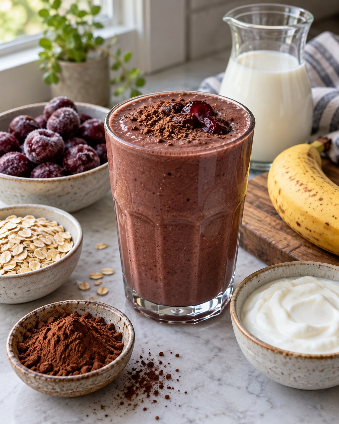 Cocoa cherry oat smoothie with frozen cherries, banana, rolled oats, plain yogurt, milk, and cocoa nearby
