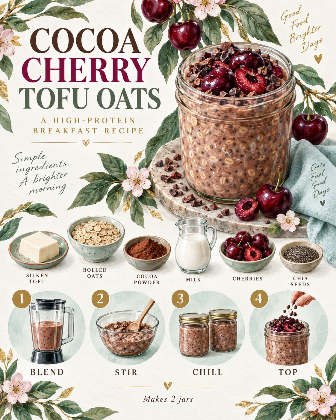 Plum, dusty rose, sage, pale aqua, cocoa brown, ivory, and gold botanical infographic for cocoa-cherry tofu oats.