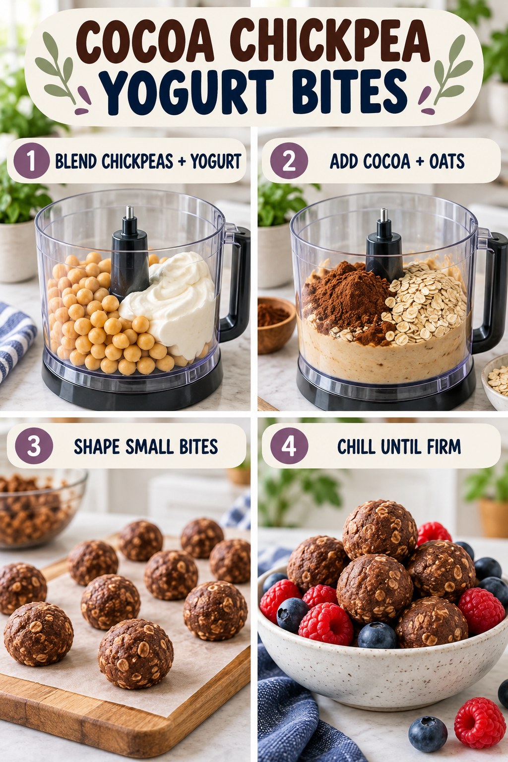 Cocoa chickpea yogurt bite infographic showing cooked chickpeas and yogurt blended with cocoa and oats, shaped, chilled, and served with berries.