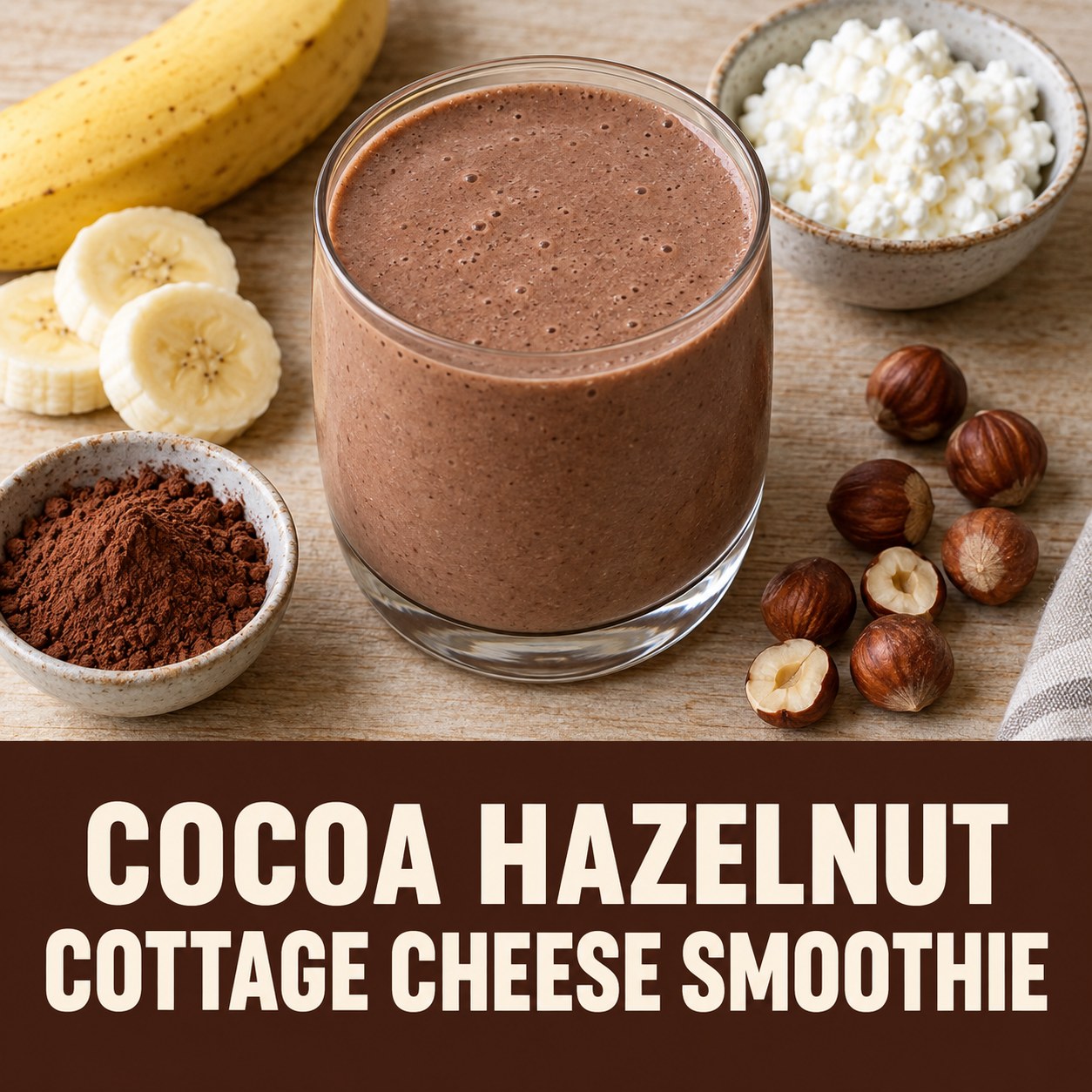 Chocolate-colored cottage cheese smoothie beside banana, cocoa, and hazelnuts with a bold lower caption panel.