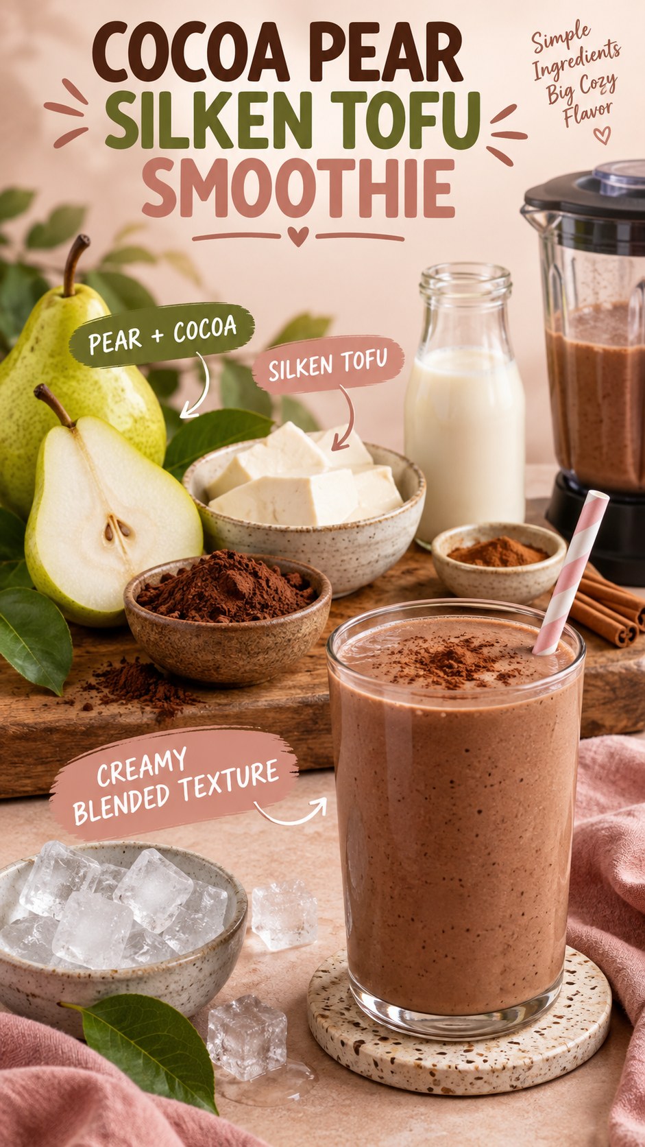 Cocoa pear silken tofu smoothie with milk, cinnamon, and ice