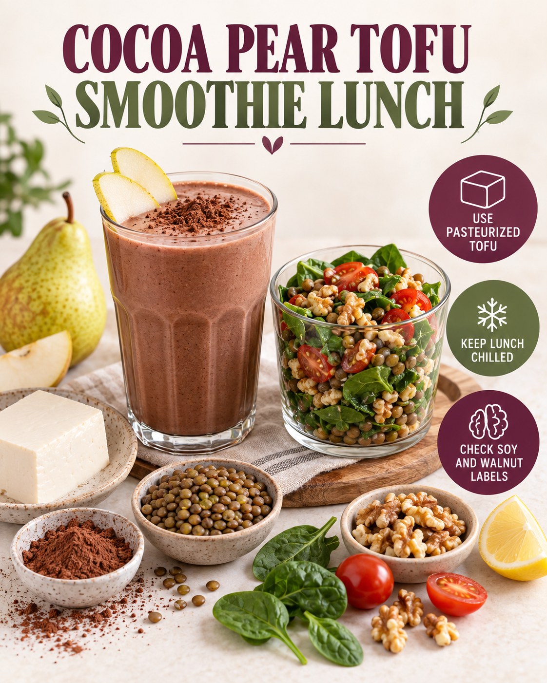 Cocoa pear silken tofu smoothie beside a lentil walnut spinach tomato salad cup with chilling and allergen reminders