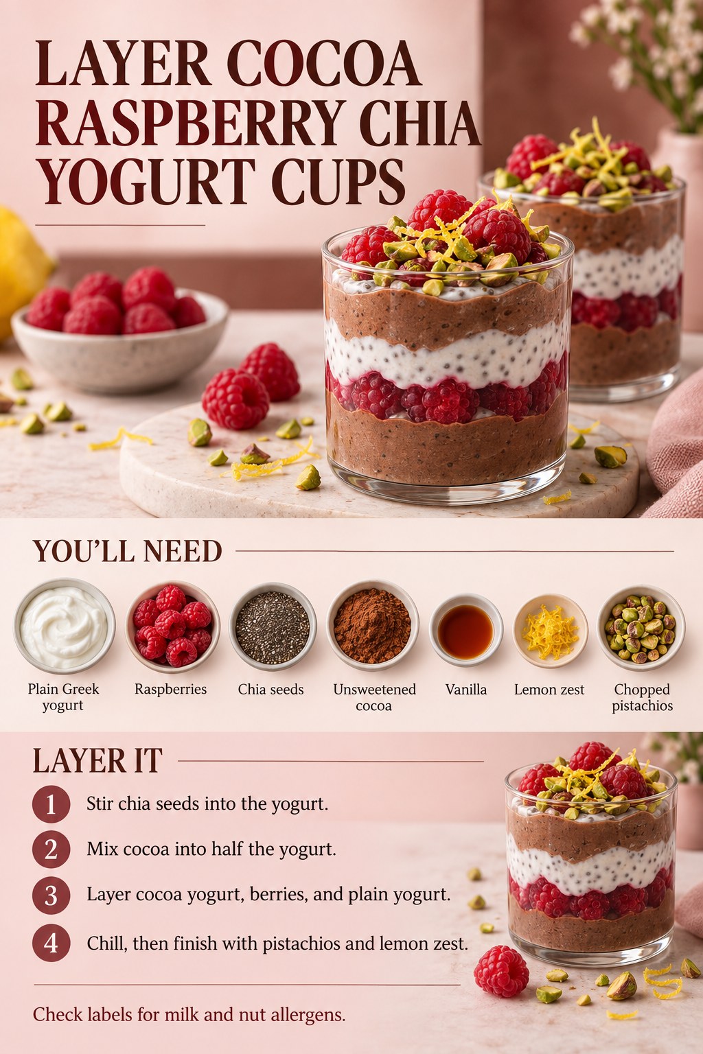 Layered cocoa and chia yogurt cups with raspberries, pistachios, and lemon zest.