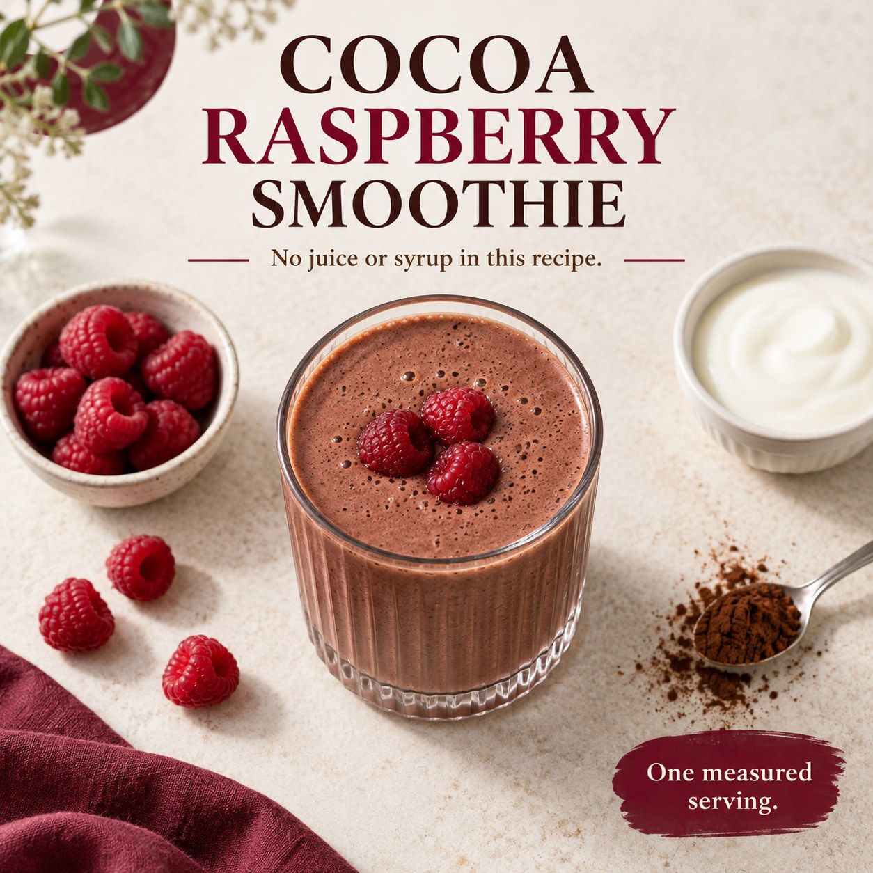 Cocoa raspberry smoothie in a ribbed glass with raspberries, cocoa powder, and yogurt beside a cocoa raspberry headline.