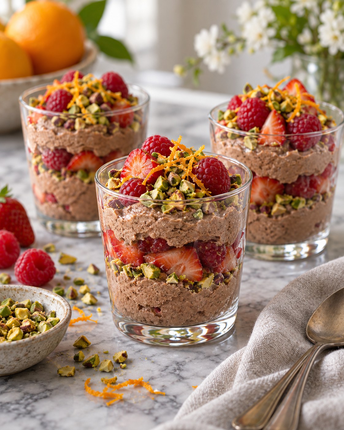 Cocoa ricotta dessert cups layered with strawberries, raspberries, pistachios, and orange zest