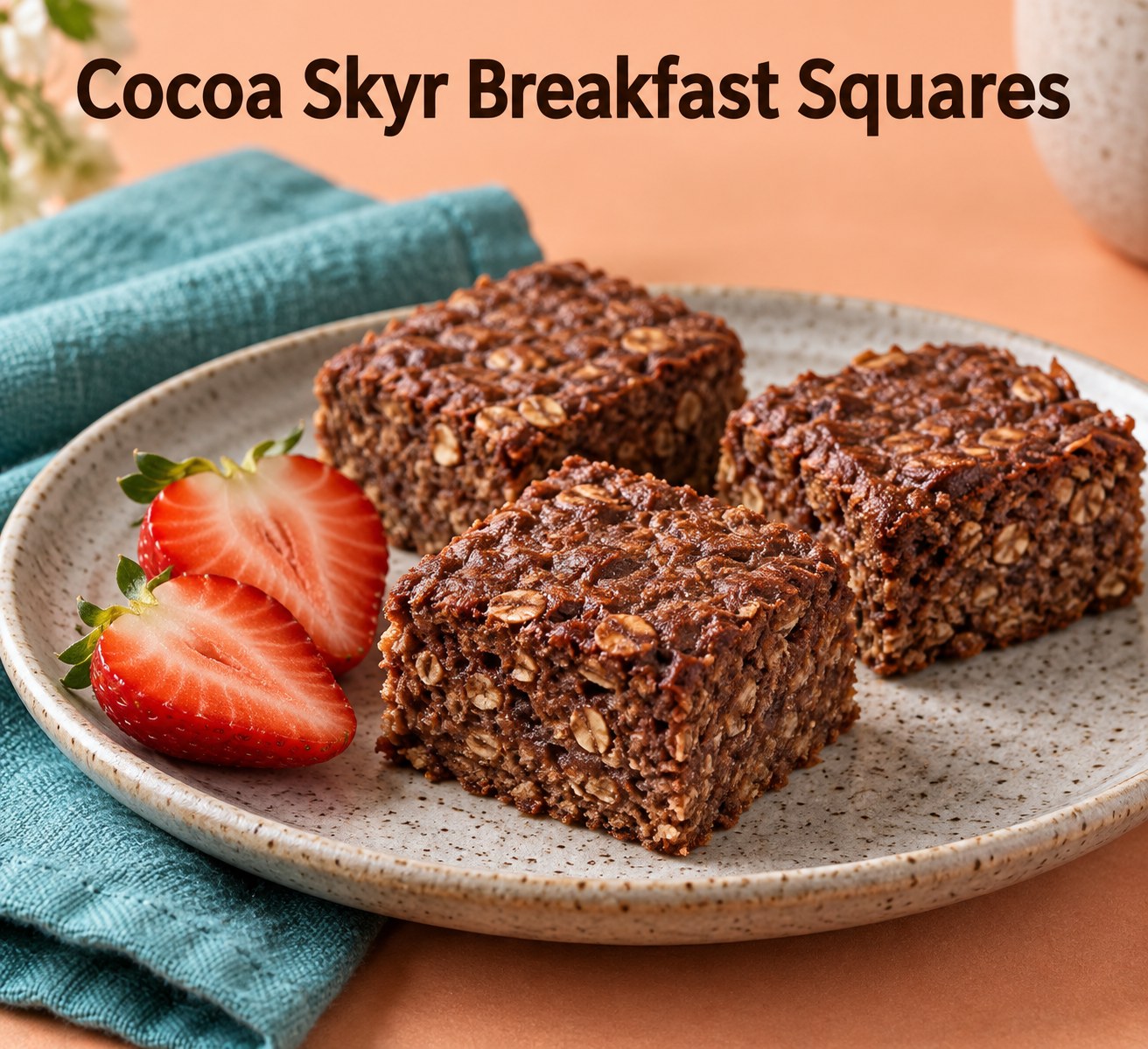 Cocoa skyr oat squares with strawberries beneath the words Cocoa Skyr Breakfast Squares.