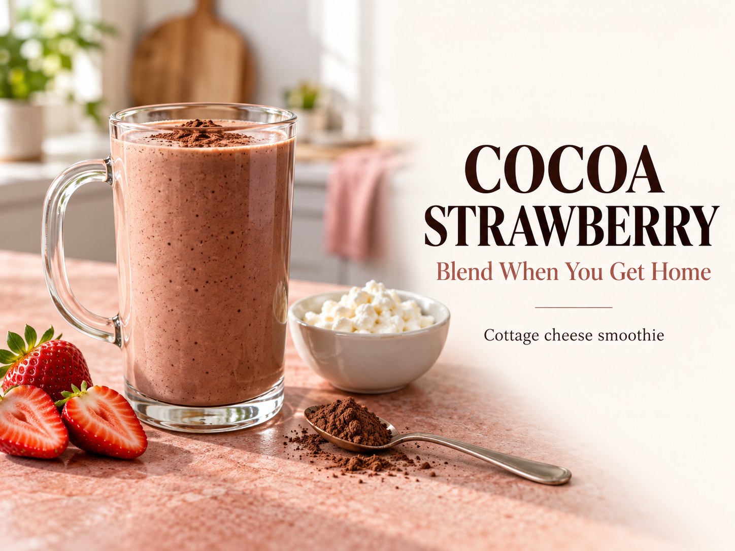 Chocolate strawberry smoothie in a glass mug beside strawberries and cottage cheese, with Cocoa Strawberry and Blend When You Get Home text.