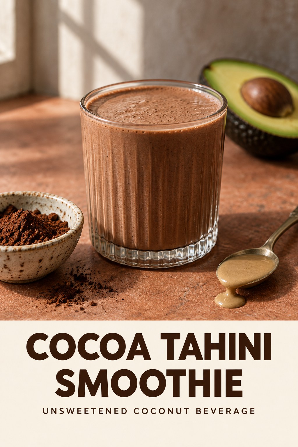 Chocolate-colored smoothie in a short glass beside cocoa powder and tahini, with avocado in the background and Cocoa Tahini Smoothie lettering.