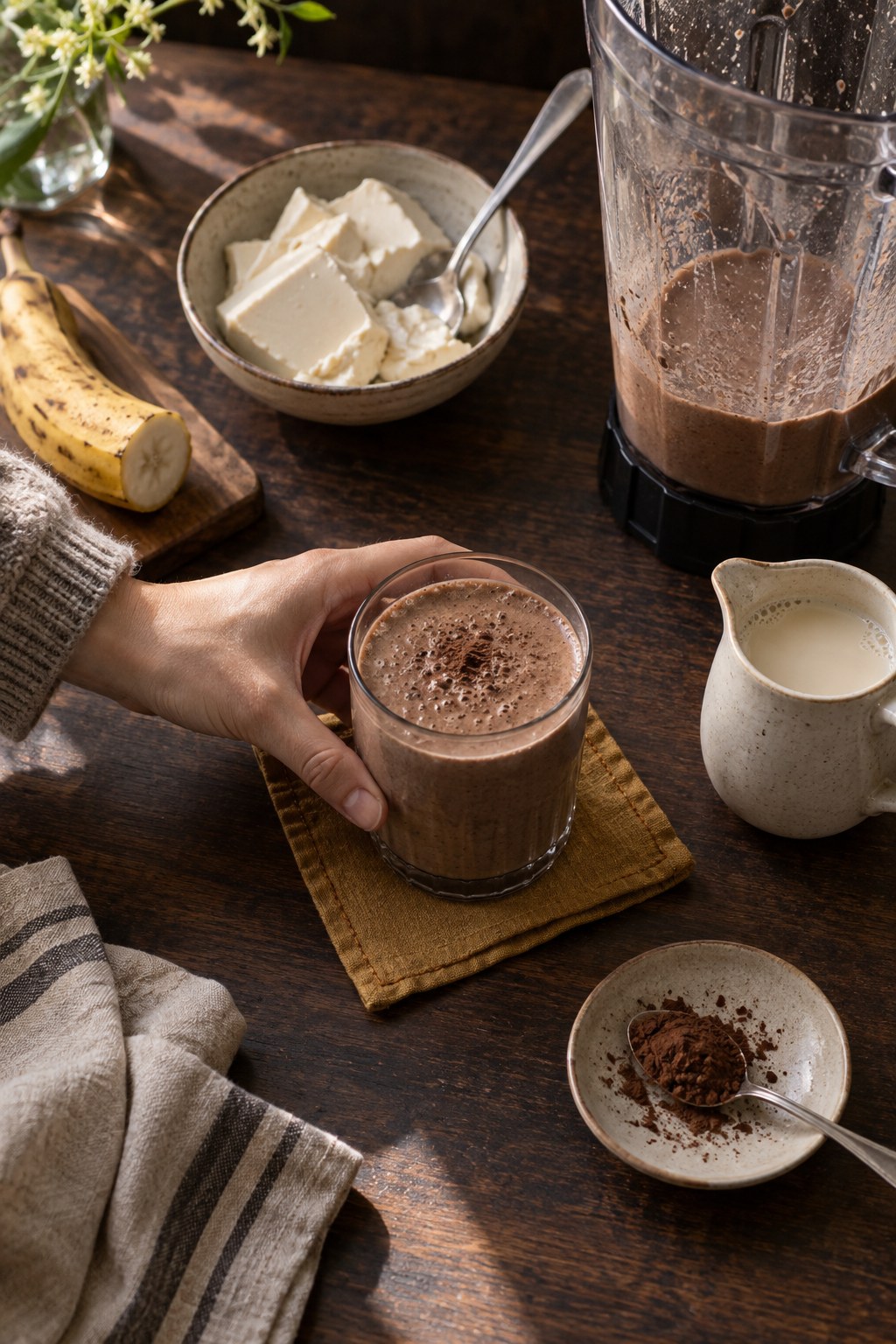 Hand placing a cocoa smoothie on mustard linen beside a blender, silken tofu, banana, milk pitcher, and cocoa.