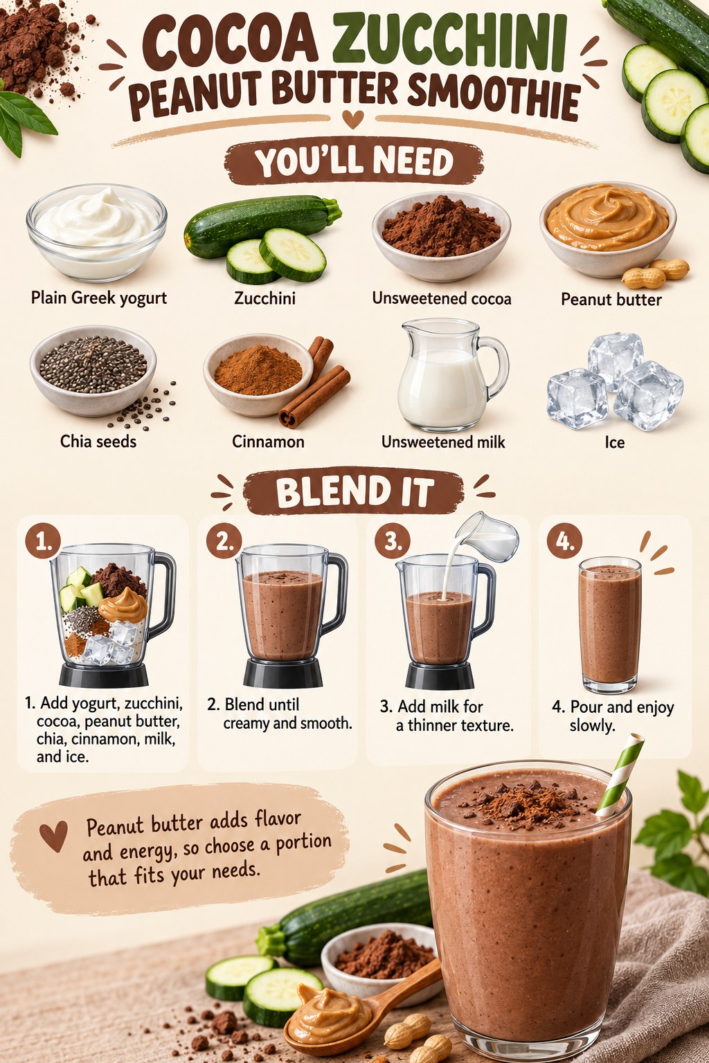 Cocoa zucchini peanut butter smoothie with Greek yogurt, chia seeds, cinnamon, unsweetened milk, and ice.