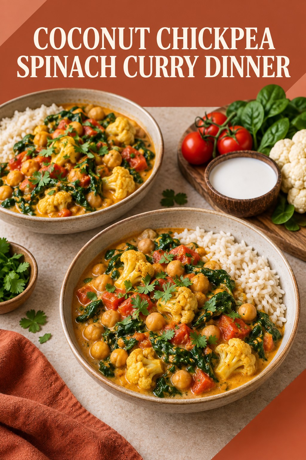 Two servings of coconut chickpea spinach curry dinner made with chickpeas, spinach, and vegetables.
