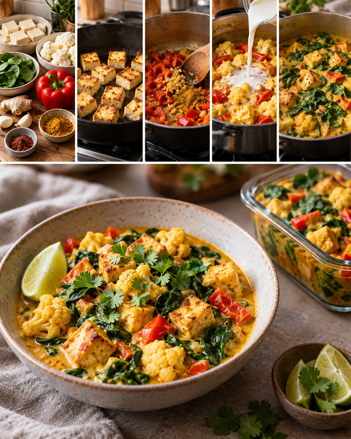 Coconut tofu curry with cauliflower, red pepper, spinach, ginger, spices, cilantro, and lime