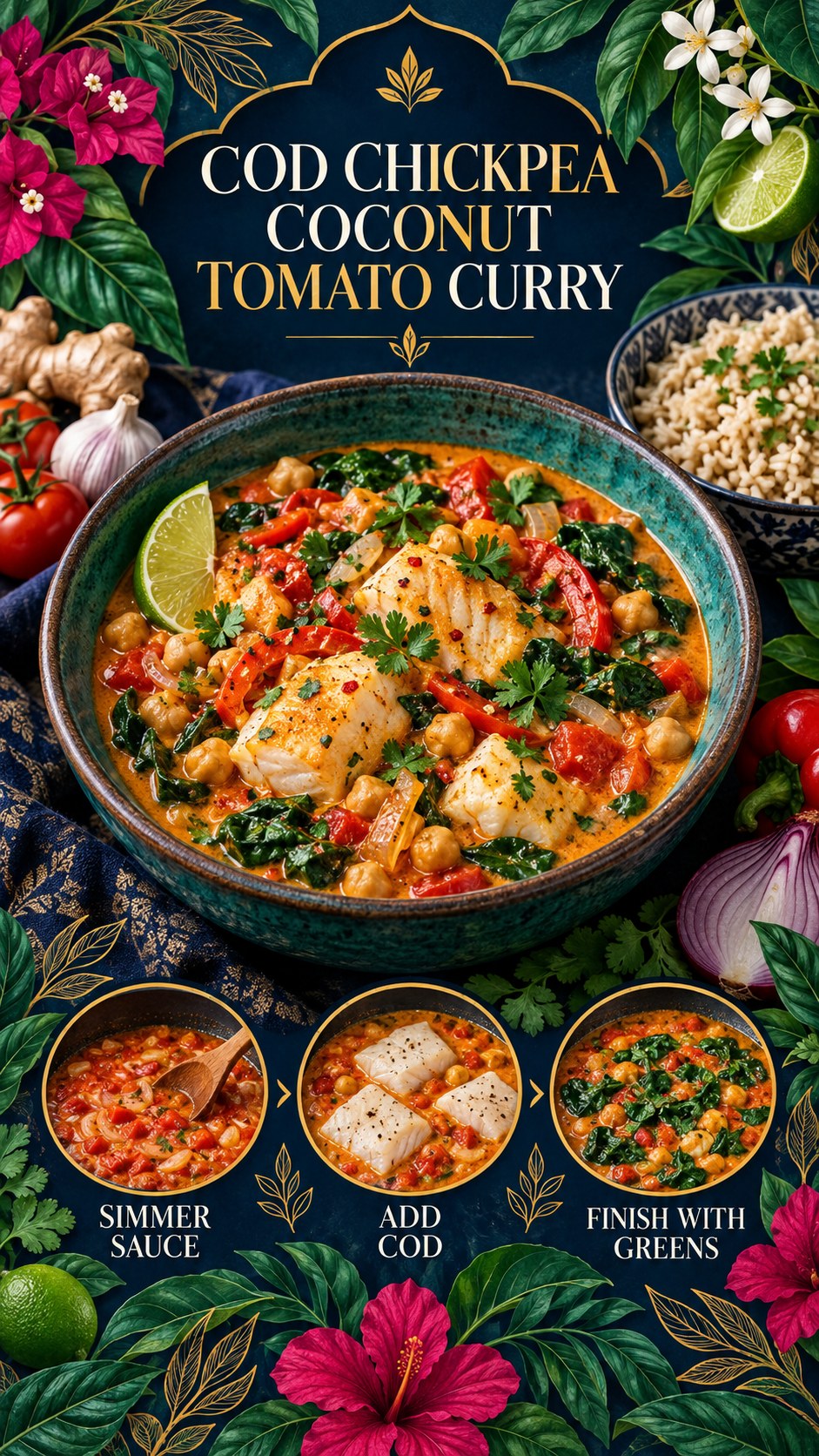 Bowl of cooked cod, chickpeas, tomatoes, spinach, peppers, coconut-tomato sauce, lime, and herbs