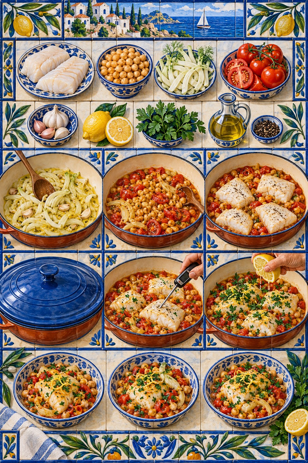 Vertical ceramic-tile infographic showing cod, chickpeas, tomatoes, fennel, braising steps, temperature check, and three finished bowls.