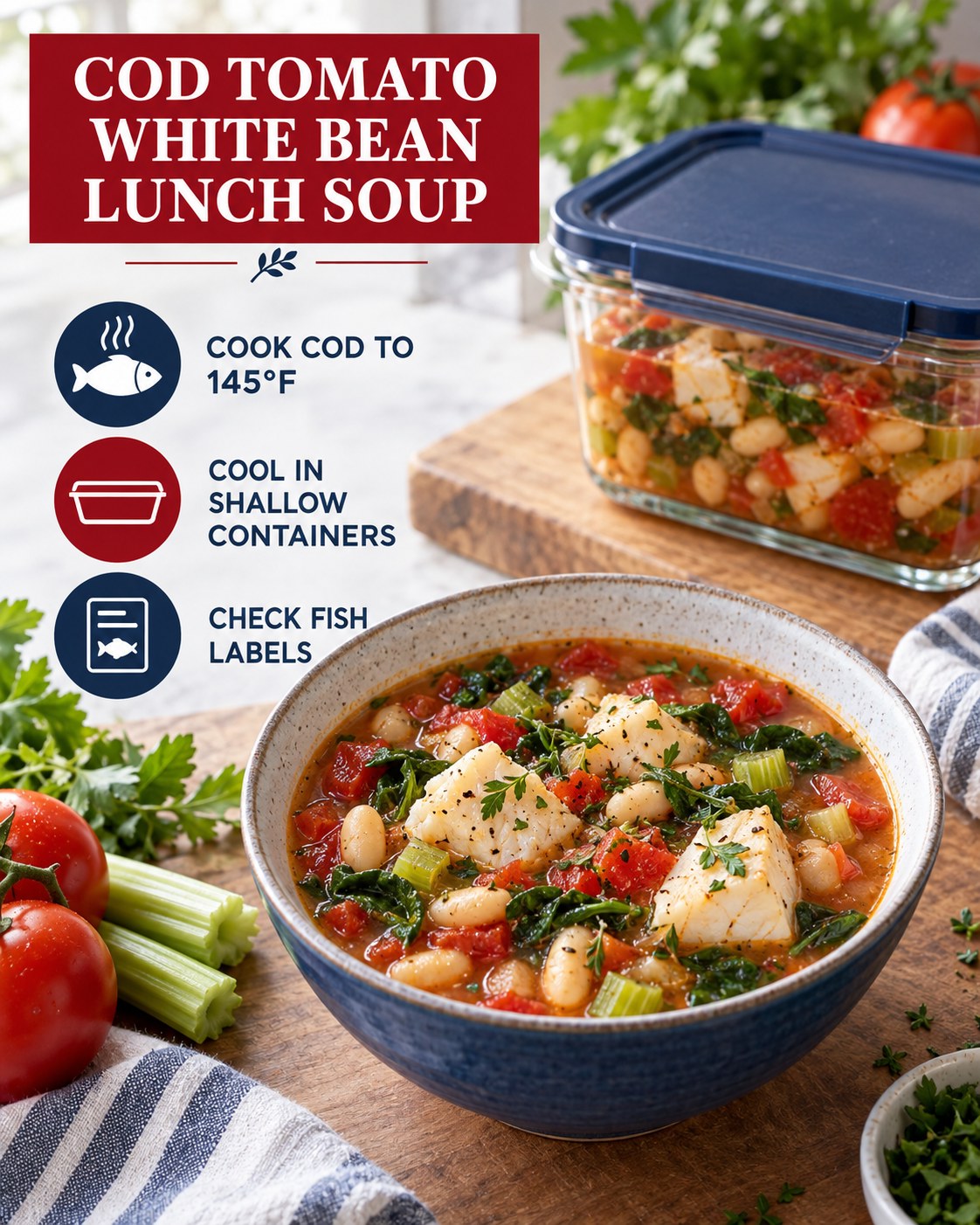 Cod tomato white bean lunch soup with celery, spinach, tomatoes, and herbs