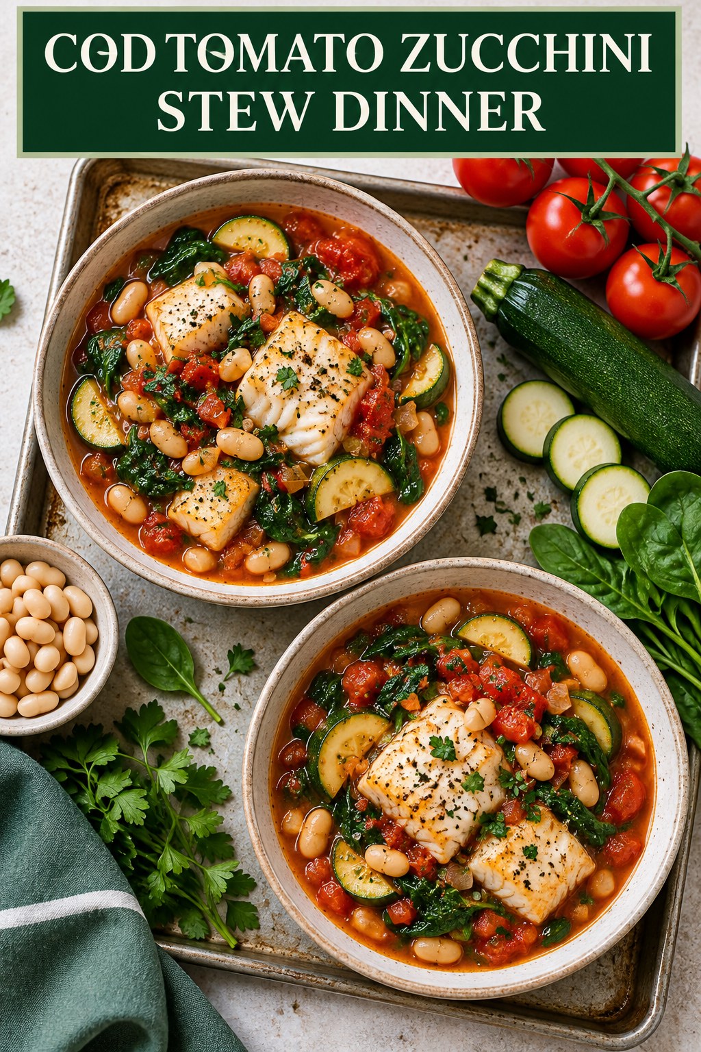 Two servings of cod tomato zucchini stew dinner made with cod, tomato, and vegetables.