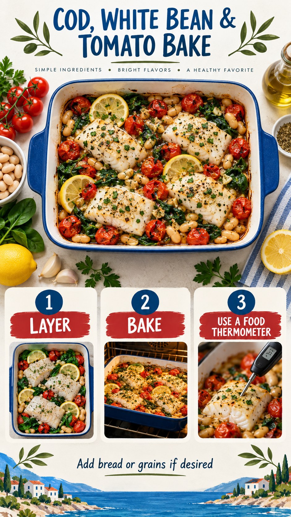 Mediterranean blue infographic showing baked cod with white beans, cherry tomatoes, spinach, lemon, garlic, and herbs