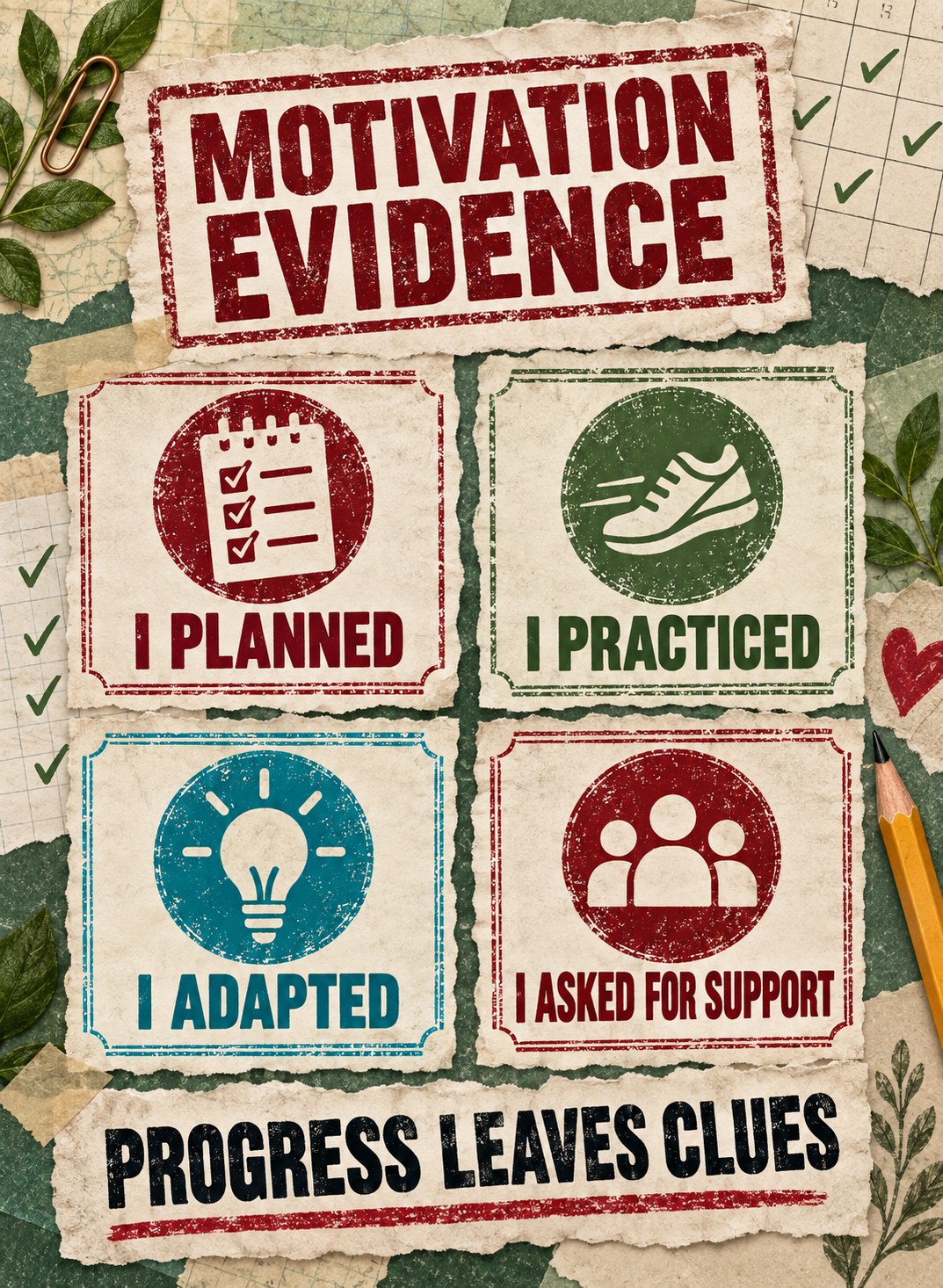 Vintage oxblood, sage, cyan, and cream collage listing four forms of motivation evidence.