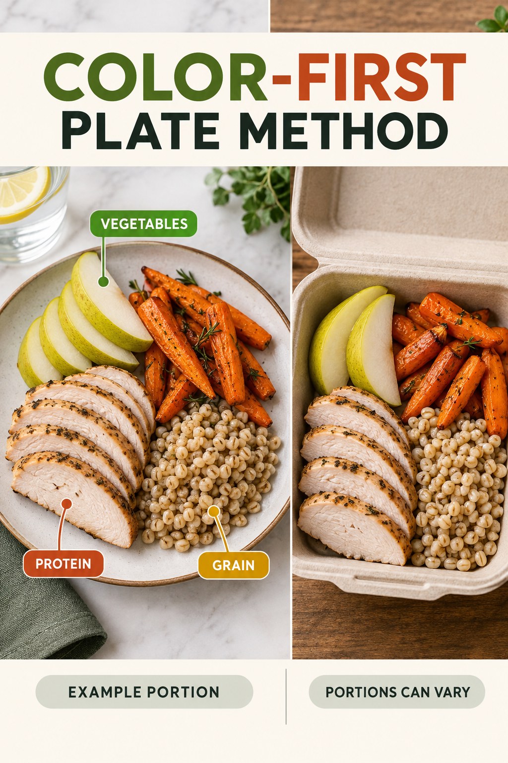 Color-First Plate Method visual using turkey, barley, roasted carrots, and pear as flexible example portions for Healthy Eating.