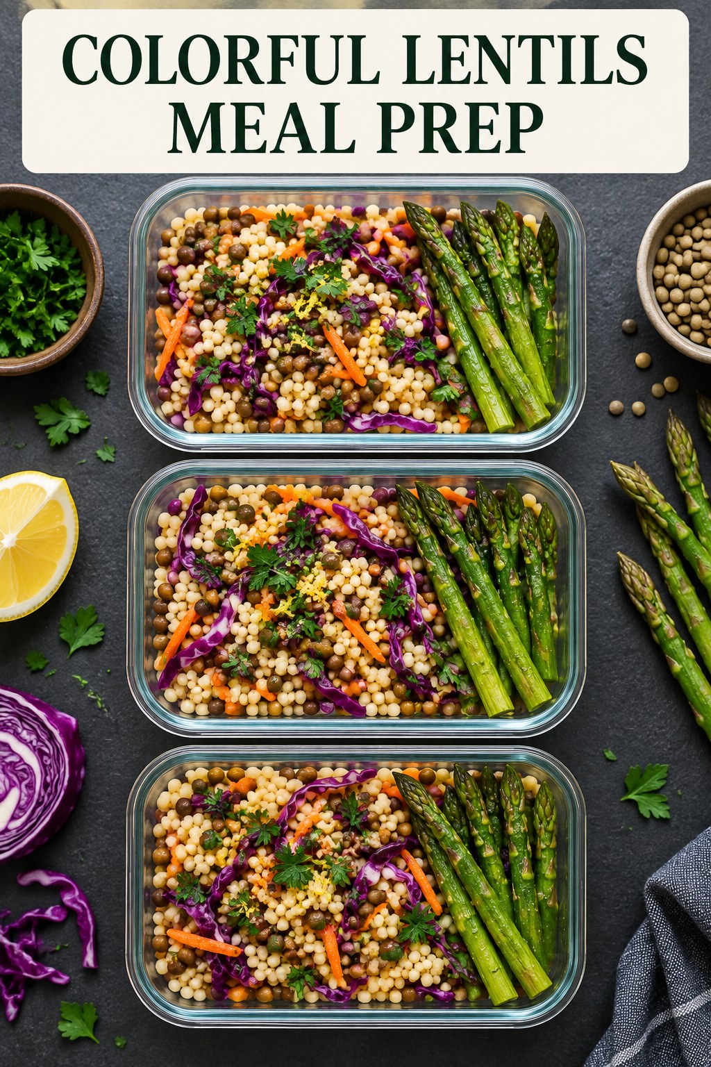 Three containers of colorful lentils couscous prep boxes with lentils, couscous, cabbage, and asparagus.