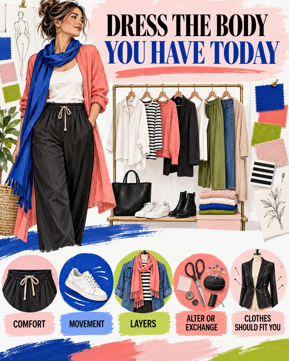 Cobalt, coral, chartreuse, pink, black, and white fashion infographic about comfortable clothing fit.