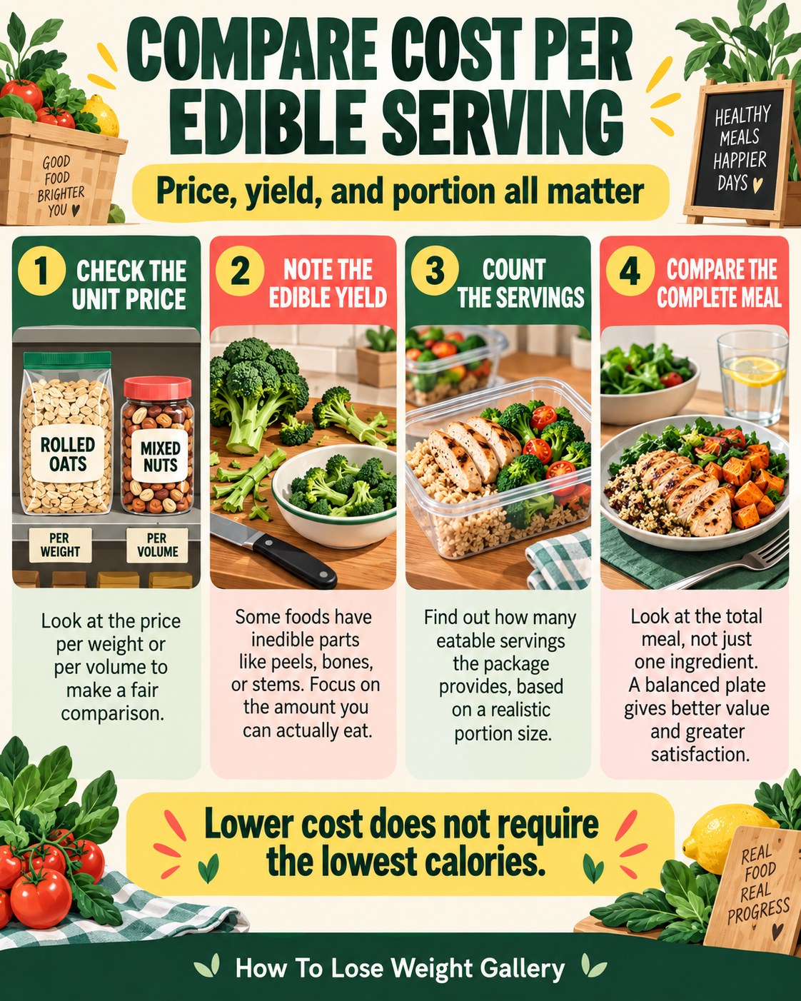Budget-meal infographic comparing unit price, edible yield, realistic servings, and the cost of the complete meal