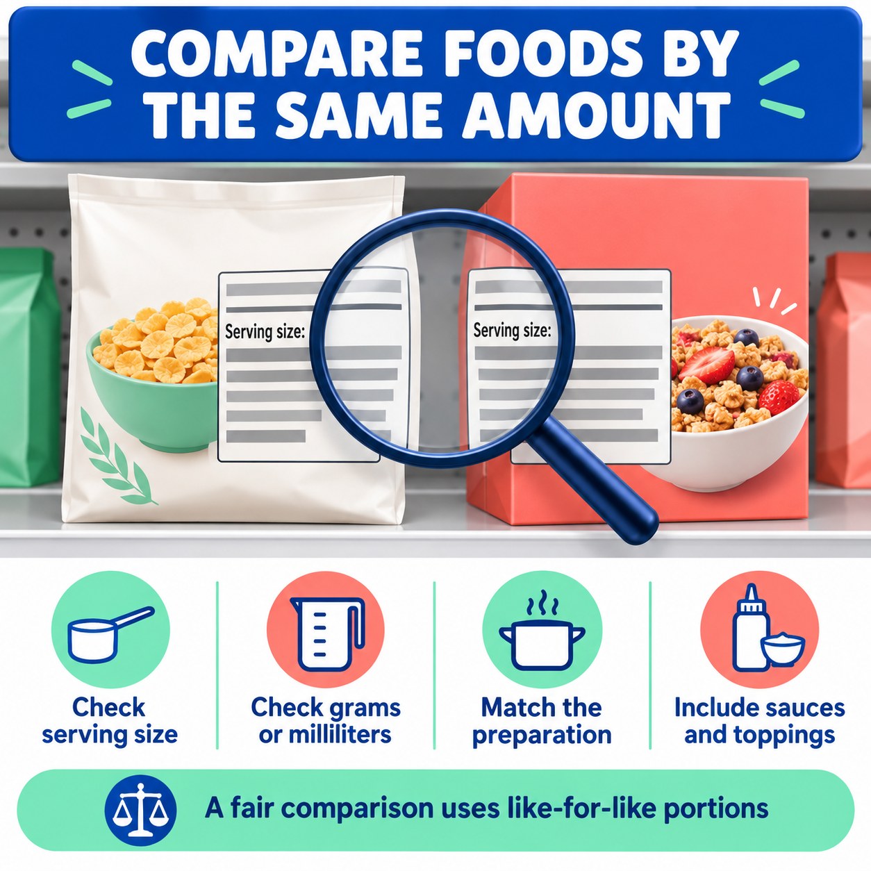 Infographic showing how to compare food calories using equal serving sizes, grams or milliliters, preparation, sauces, and toppings